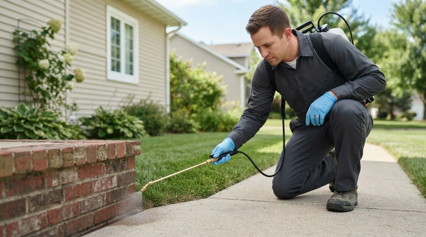 Pest control technician treating a home near Excelsior Springs, MO